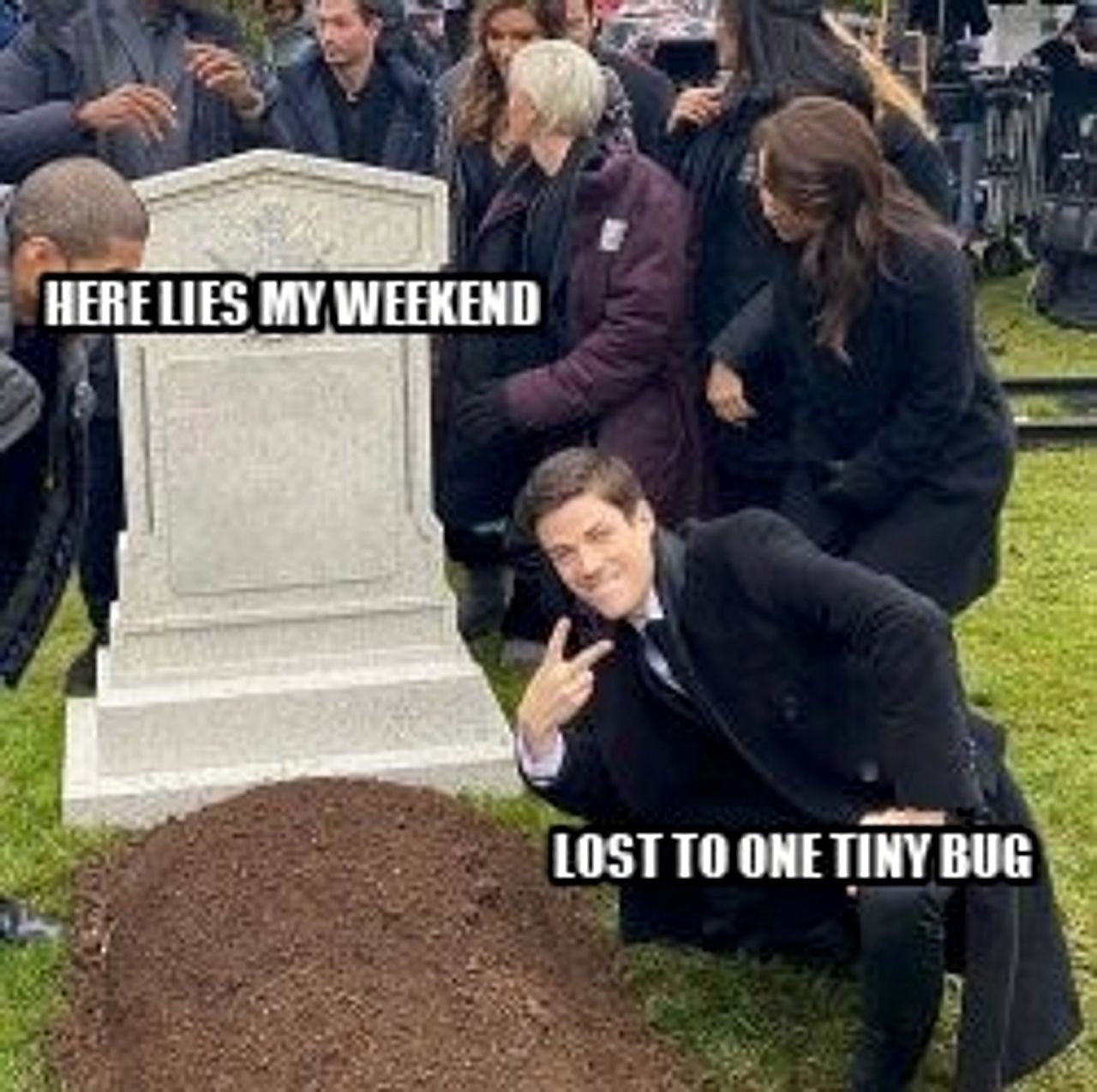 Guy posing in front of grave seeded example