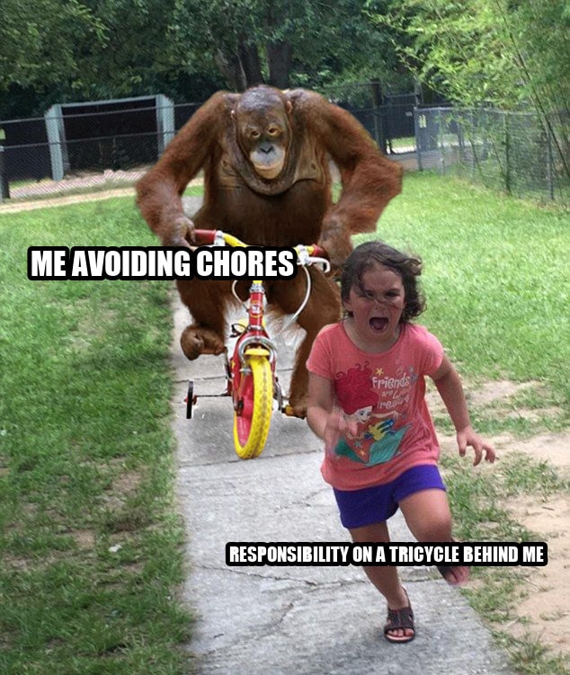 Orangutan chasing girl on a tricycle seeded example