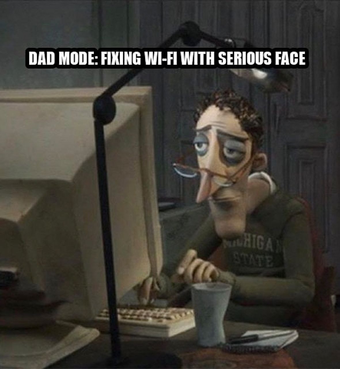 Tired dad at computer seeded example