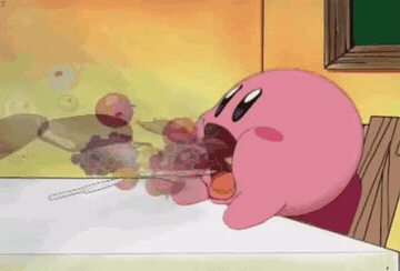 Add text to the Kirby Eating reaction GIF template in Memesio. Set width, trim the 1.0 second clip, and make a share-ready GIF meme.