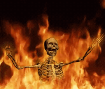 Add text to the Skeleton Burning reaction GIF template in Memesio. Set width, trim the clip, and make a share-ready GIF meme.