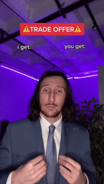 Add text to the Trade Offer Meme Animated reaction GIF template in Memesio. Set width, trim the clip, and make a share-ready GIF meme.
